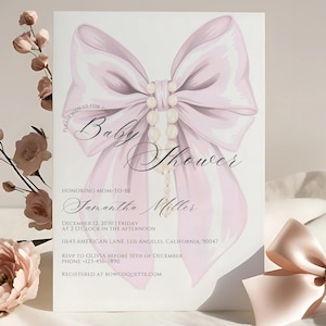 Pink Bow Baby Shower Invitation: Coquette Pearls, Ribbons (Canva Template - Digital Download