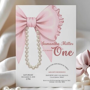 Pink Bow 1st Birthday Invitation | Elegant Girl First Birthday Invite | Coquette Ribbon Theme | Editable Canva Digital Template | Printable