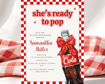 She’s Ready to Pop Baby Shower Invitation  Soda Pop Shoppe Theme | Red Bow Retro Gingham Party Invite | Editable Girl Baby Shower | Canva