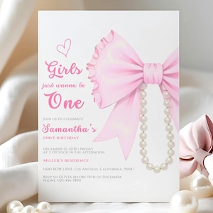 Girls Just Wanna Be One Invitation | Pink Bow 1st Birthday Party | Coquette Girl Birthday | Blush Pink Ribbon Editable Canva Template Print