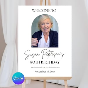 Editable 80th Birthday Welcome Sign | Photo Welcome Sign for Her or Him | Printable Milestone Party Decor | Canva Template Digital Download