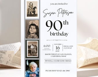 90th Birthday Photo Invitation: Elegant Milestone Celebration (Printable)