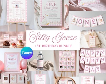 One Silly Goose Birthday BUNDLE | Editable Templates | Pink Gingham Floral Bow Girl First Birthday Decor Signs, Banner, Invitation Printable