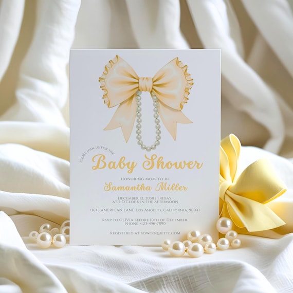 Yellow Bow Baby Shower Invitation Editable Coquette Spring Baby