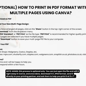 May include: A white document with black text provides instructions on printing multi-page designs from Canva in PDF format. The document includes steps for downloading and printing, with a note about optional JPEG format printing.