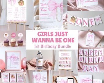 Coquette 1st Birthday Bundle: Pink Bow Party Decor (Editable Canva Templates)