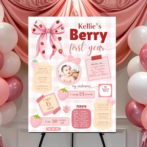 Bearbeitbares Beeren-Meilensteinschild zum ersten Geburtstag, Beeren-Meilensteinschild zum ersten Geburtstag, Erdbeer-Meilensteinschild, Gingham rosa Schleife