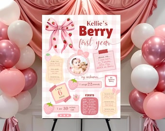 Redigerbar milstolpeaffisch för första födelsedag, milstolpeanslagstavla för första födelsedag, milstolpeskylt för jordgubb, rosa rosett
