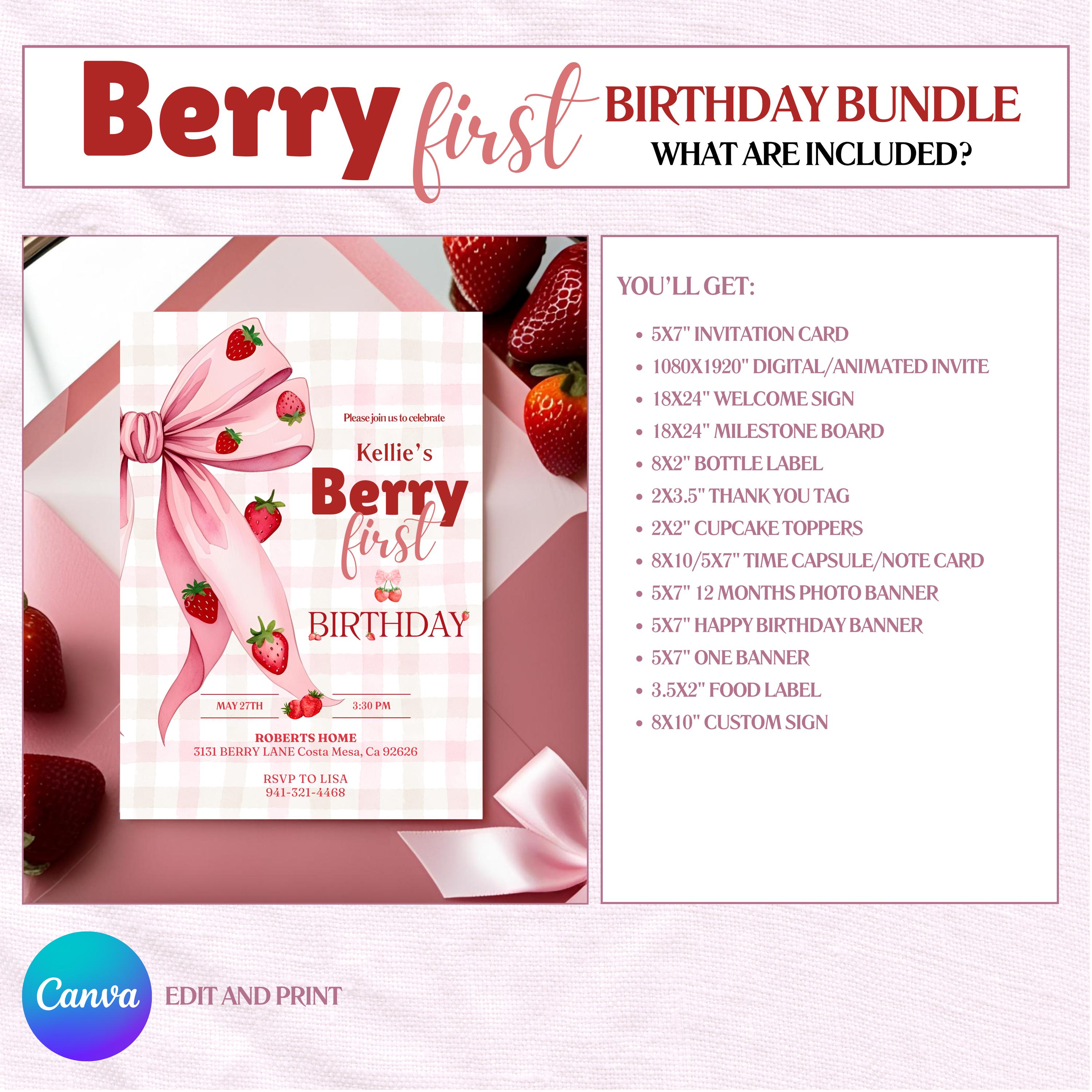 Berry First Birthday Invitation Bundle | Strawberry 1st Birthday Girl ...