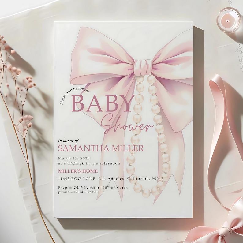 Editable Pink Bow Baby Shower Invitation Coquette Baby Girl Template ...
