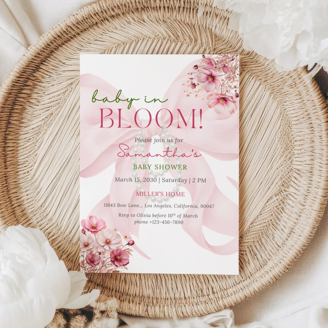 Spring Invitations Bloom Editable Baby in Bloom Baby Shower Invitation: Pink Bow Coquette ...