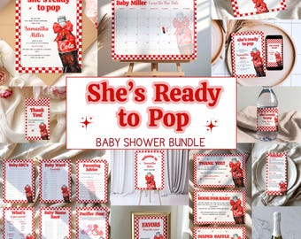 She's Ready to Pop Babyshower BUNDEL | Thema Soda Pop Shoppe | Rood roze strik retro gingang feestuitnodiging | Bewerkbare babyshower voor meisjes | Canvas
