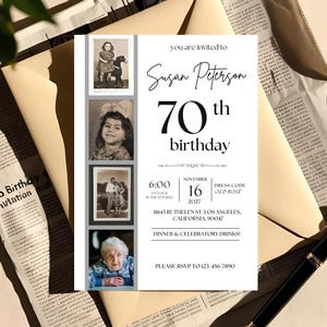 Bewerkbare 70e verjaardagsuitnodiging met foto, sjabloon 70e verjaardag uitnodiging, mannen of vrouwen, Look Who's 70, afdrukbare kaart, digitale download