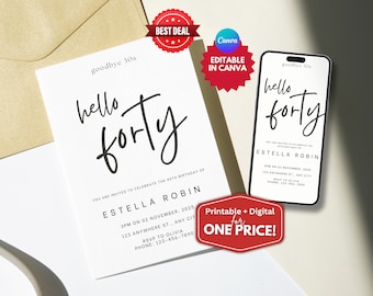 40th Birthday Invitation for Women: Minimalist Hello Forty, Editable Template
