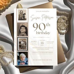 Bearbeitbare 90. Geburtstagseinladung mit Fotos, 90. Geburtstag einladen, Einladungsvorlage, druckbare Geburtstagseinladung, Textvideo einladen