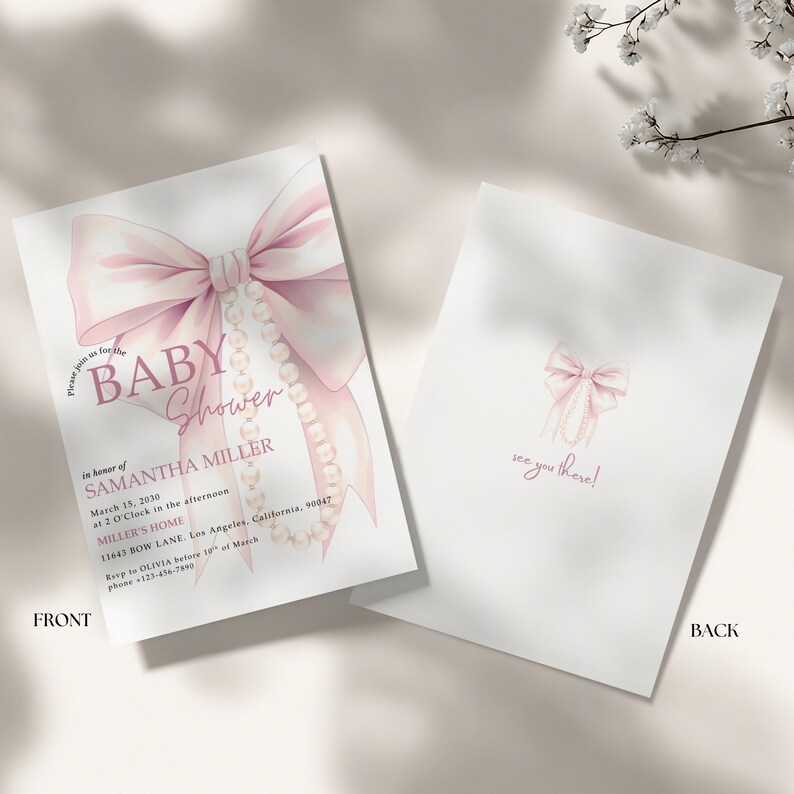 Editable Pink Bow Baby Shower Invitation Coquette Baby Girl Template ...