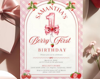 Berry First Birthday Invitation Editable Template Strawberry Theme 1st Birthday Girl Invite Printable First Birthday Party Invitation Canva