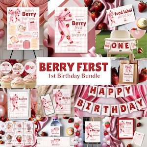 Conjunto de convites para o primeiro aniversário com frutas vermelhas | Convite para o primeiro aniversário de uma menina com morango | Decoração de festa com laço xadrez rosa, modelo editável do Canva