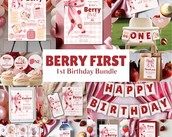 Berry First Birthday Invitation Bundle | Strawberry 1st Birthday Girl Invite | Pink Gingham Bow Coquette Party Decor Editable Canva Template