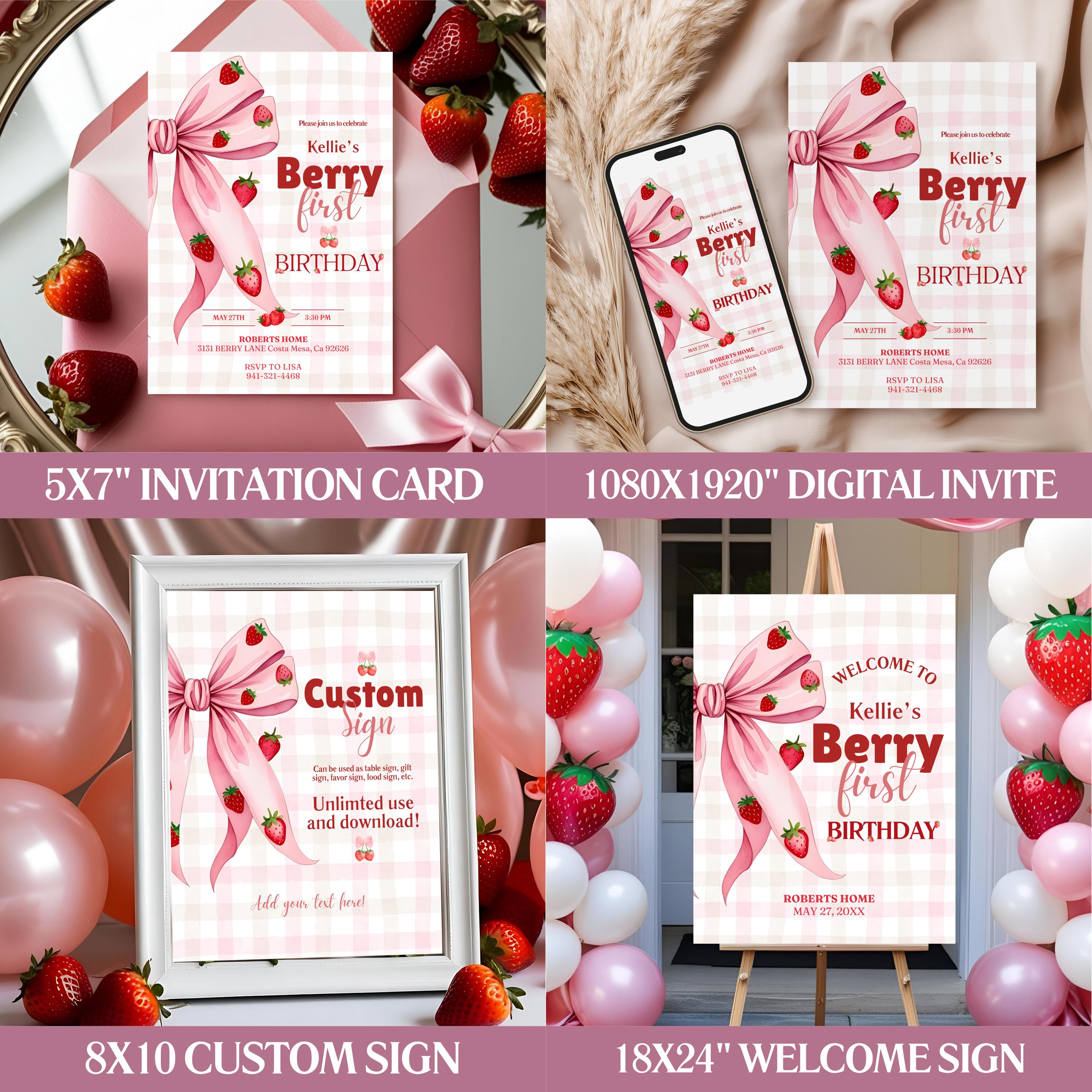 Berry First Birthday Invitation Bundle | Strawberry 1st Birthday Girl ...