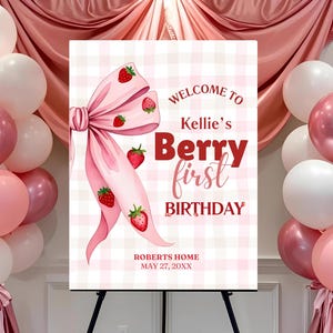 Tabliczka powitalna na pierwsze urodziny Berry, edytowalna tabliczka z truskawkami na pierwsze urodziny, plakat na pierwsze urodziny, motyw imprezy Berry, różowa kokardka w kratkę gingham