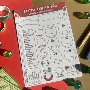 May include: A printable character sheet for a fantasy tabletop role-playing game. The sheet includes spaces for character name, skills, stats, saving throws, and hit points. The sheet is designed to be printed and used with a set of dice.
