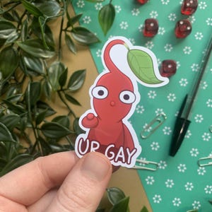 Ur Gay rode Pikmin-sticker, Pikmin-vinylsticker, Pikmin-merchandise, Pkimin Bloom-sticker, homostickers, cadeaus voor gamers, gamingcadeaus