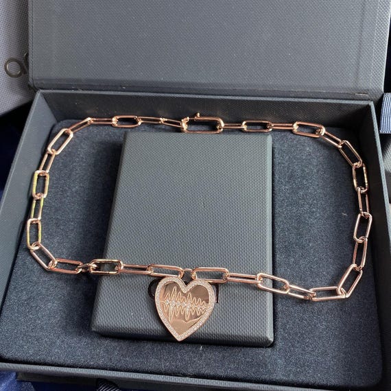 In Box Vintage APM Monaco Rose Gold Heart Wave Pendant Necklace, Pavé Crystal Chain Necklace, Luxury Designer Jewelry View 2