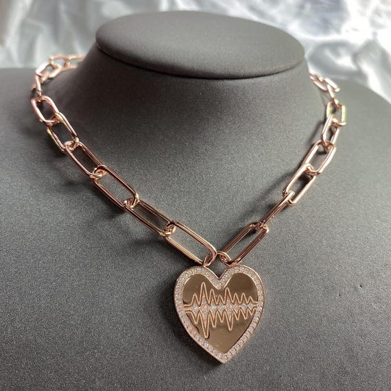 In Box Vintage APM Monaco Rose Gold Heart Wave Pendant Necklace, Pavé Crystal Chain Necklace, Luxury Designer Jewelry