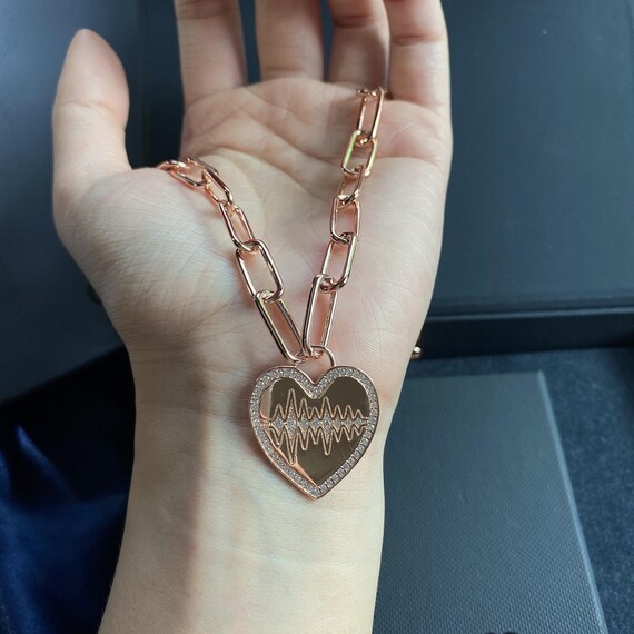 In Box Vintage APM Monaco Rose Gold Heart Wave Pendant Necklace, Pavé Crystal Chain Necklace, Luxury Designer Jewelry View 3