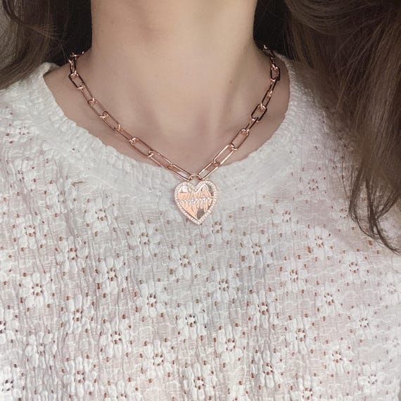In Box Vintage APM Monaco Rose Gold Heart Wave Pendant Necklace, Pavé Crystal Chain Necklace, Luxury Designer Jewelry View 4