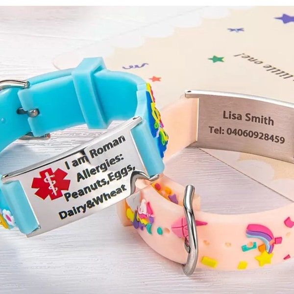 Personalized Cartoon Medical Alert id Bracelets for Kid/Girl/Boy, Allergies Epilepsy Cochlear Implant Asthma Autism Bracelets