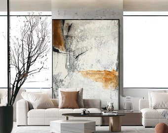 Large Abstract Canvas Wall Art - Original Oil Painting - Modern White and Grey Minimalist Artwork for Bedroom & Living Room Decor