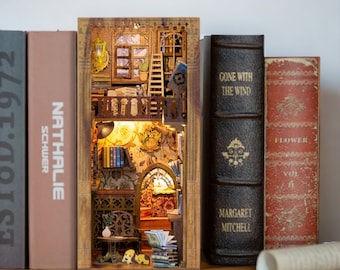 Handmade Miniature Dollhouse with LED Light & Dust Cover - DIY Book Nook Kit, Bookshelf Decor, 3D Puzzle - Eternal Bookstore - Unique Gift