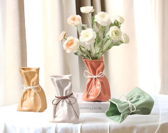 Kraft Paper Bag Ceramic Vase - Dry Flower Decor - Figurine Vase for Flowers - Table Centerpiece - Unique Ceramic Bud Vase Design