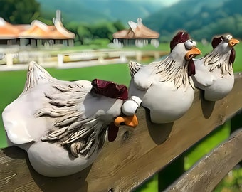 Décoration de jardin de poulet - ornement de poule pour tabouret de clôture - statue de jardin de poulet - sculpture d'extérieur de printemps - oeuvre d'art unique dans la cour