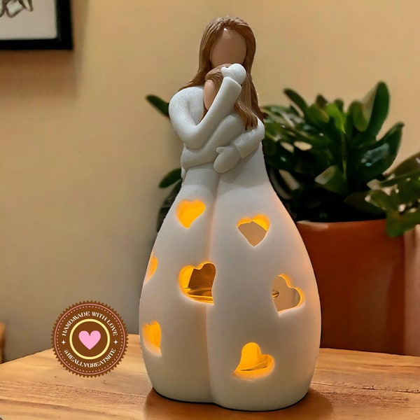 Mom & Daughter's Love Candle Holder Statue with Flickering LED Candle - Perfect for Christmas, Birthday, Mother's Day - Meaningful Gifts