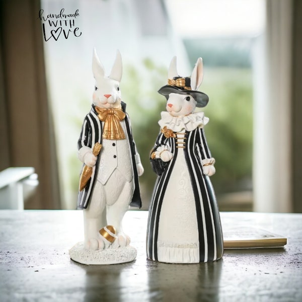 Elegant Easter Bunny Statues - Luxury Decor with Classy Rabbits in Suits & Dresses - Fancy Figurines for Home Decor - Cute, Stylish