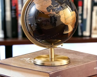 Globe terrestre rotatif moderne avec carte en noir et bronze - Décoration de bureau élégante pour l'enseignement de la géographie - Parfait pour les enfants et le bureau à domicile