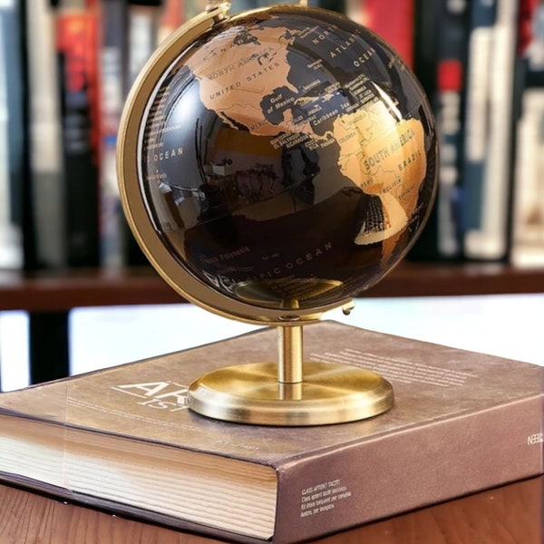 Globe terrestre rotatif moderne avec carte en noir et bronze - Décoration de bureau élégante pour l'enseignement de la géographie - Parfait pour les enfants et le bureau à domicile