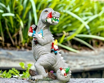 Angry T.rex Dinosaur Feeding on Gnomes Statue - Jurassic Lawn Ornament - Outdoor Garden Decor - Fairy Garden Accessory - Kids' Garden Gift