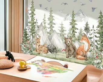 Nordic Forest Animals Wall Stickers - Woodland Friends Bear Fox Deer Hedgehog Decals - Watercolor Nursery Sticker for Baby & Kids Room Decor