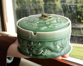 Vintage Ceramic Celadon Ashtray with Lid - Outdoor Porch Decor - Retro Smoking Accessory - Unique Patio Ash Tray - Classic Home Accent