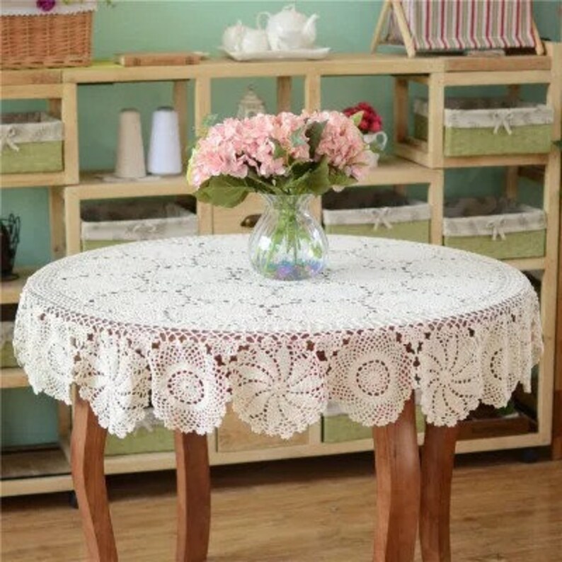 Custom Handmade Crochet Floral Lace Tablecloth Vintage Round Table Cover Elegant Home & Wedding Decor Personalized Linen zdjęcie 3