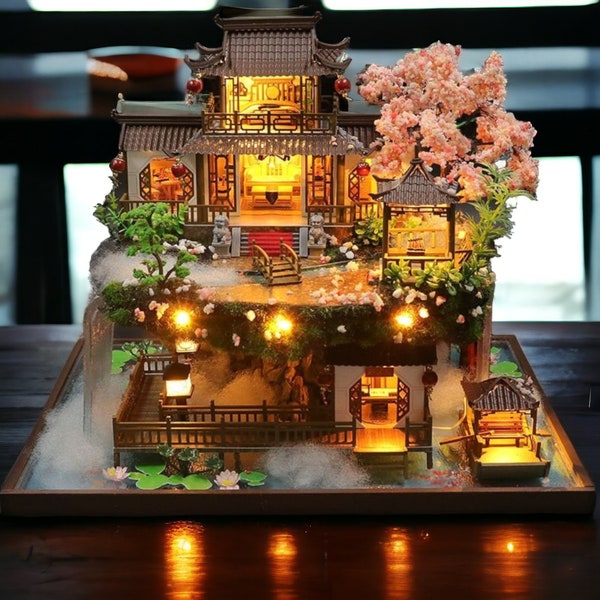 Modelo en miniatura de madera de cascada china antigua de bricolaje con luz y caja de música - Regalo de decoración y artesanía para adultos - Proyecto de decoración del hogar tranquilo