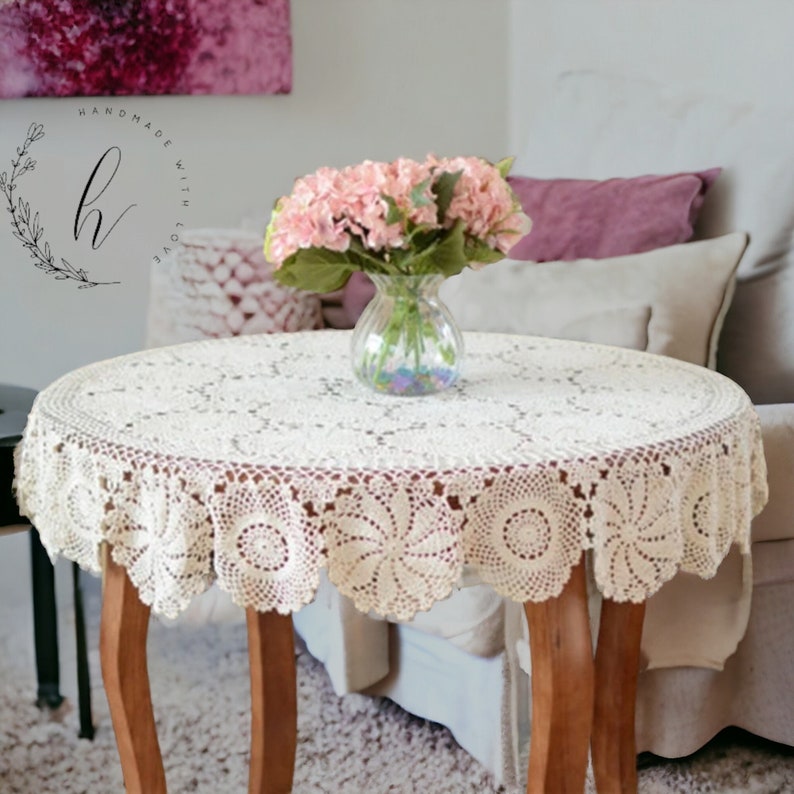 Custom Handmade Crochet Floral Lace Tablecloth Vintage Round Table Cover Elegant Home & Wedding Decor Personalized Linen zdjęcie 2