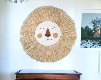 Safari Kinderzimmer Wandbehang - Löwen Kopf Dekoration - Kinder Schlafzimmer Dekor - Natürliche Boho Stroh Gewebte Tier Dekoration - Dschungel Thema Akzent