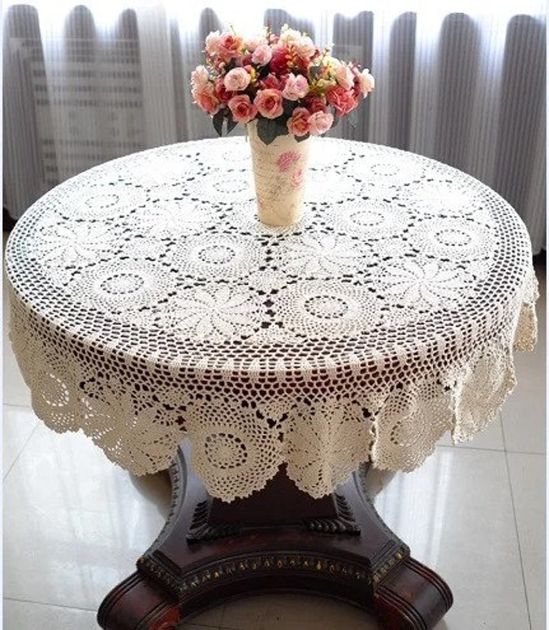 Custom Handmade Crochet Floral Lace Tablecloth Vintage Round Table Cover Elegant Home & Wedding Decor Personalized Linen zdjęcie 4