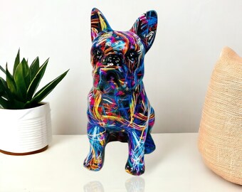 Colorful French Bulldog Statue - Vivid Graffiti-Style Resin Figurine - Eclectic Modern Home Decor - Artistic Office Desktop Display