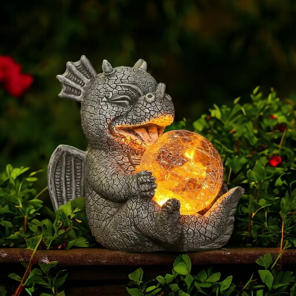 Dragon Garden Statues - Dinosaur Decorative Figurines - Baby Dragon Holding Magic Orb with Solar LED - Outdoor Lawn, Patio, and Porch Decor